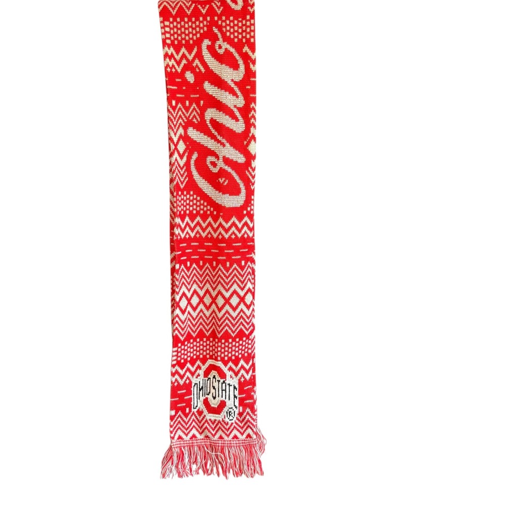 Ohio State Buckeyes Red Silver Knit Scarf with Fringe "O" Logo "OHIO‎ STATE"